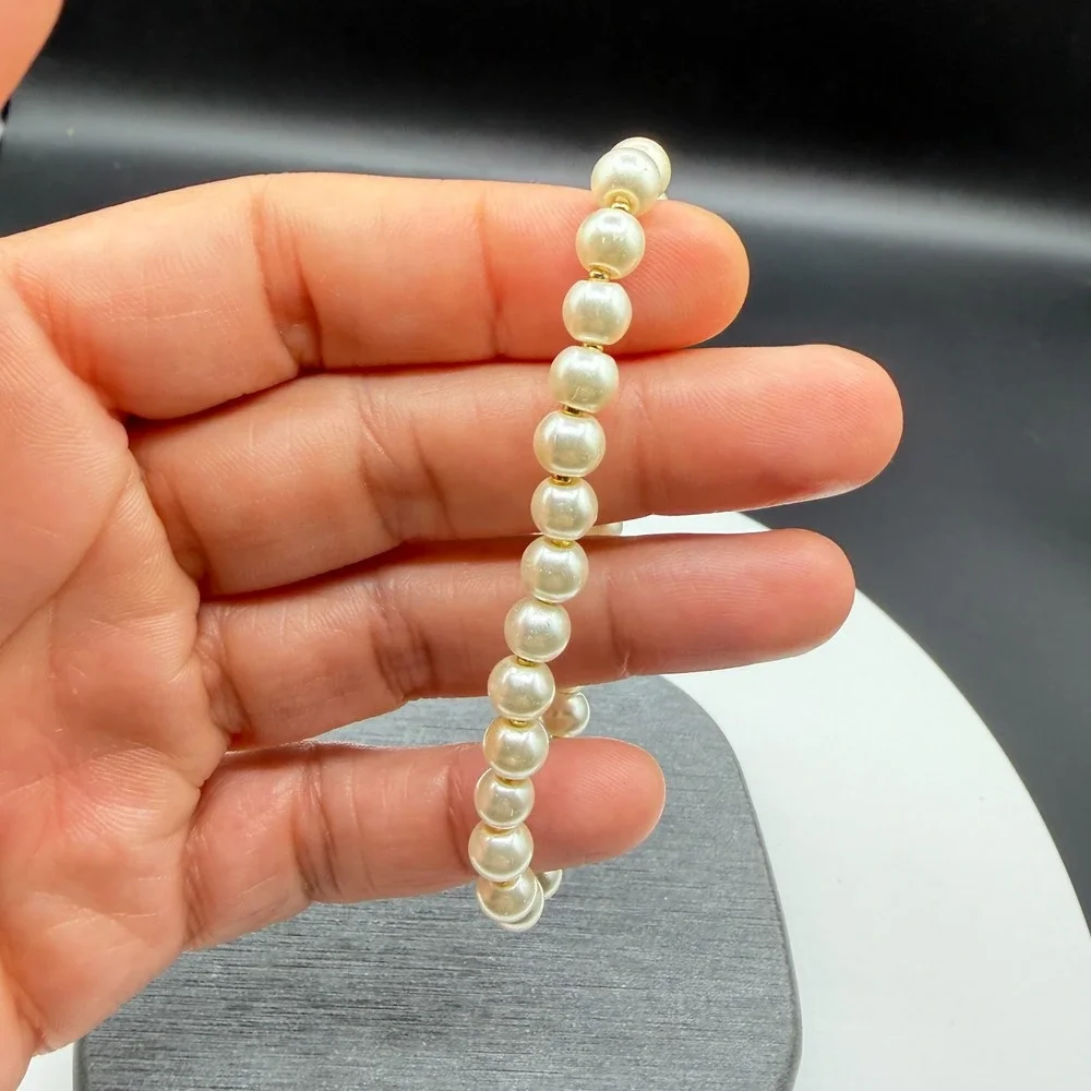 Faux Pearl Gold Tone Spacer Bead Stretch Bracelet Cream Classic Bridal Jewelry